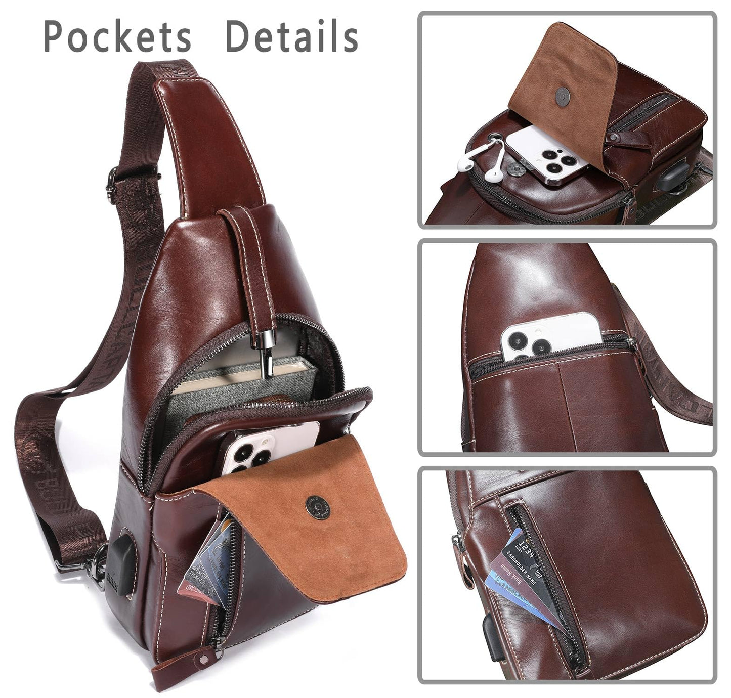 Genuine Leather Sling Bag Mens Crossbody Backpack for Hiking Casual Daypack Shoulder Chest Bag with USB Charging Port (Coffee)