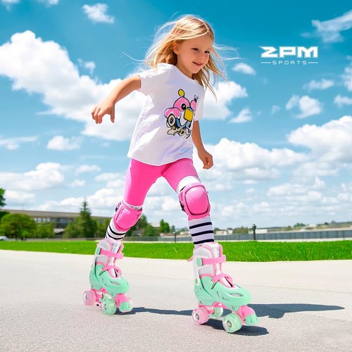 2PM SPORTS 4 Size Adjustable Light Up Roller Skates for Girls, Flashing 4 Wheels, Beginner Kids Rollerskates for Age 5-8 8-12 - Green Small