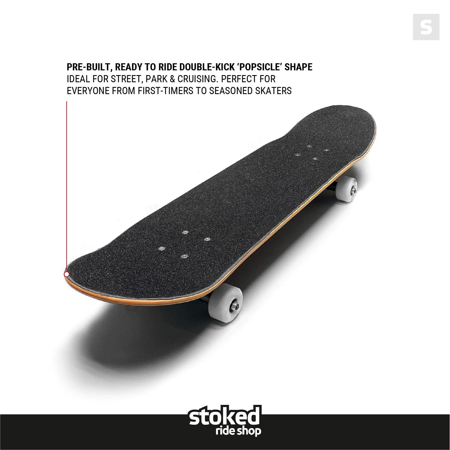 Stoked Ride Shop Skateboard Complete - American Made Maple Wood - Professional Grade Board for Adults, Kids, Girls & Boys - Fully Assembled with Shorty's Wax, Skate Tool and Stickers (7.75" Red)
