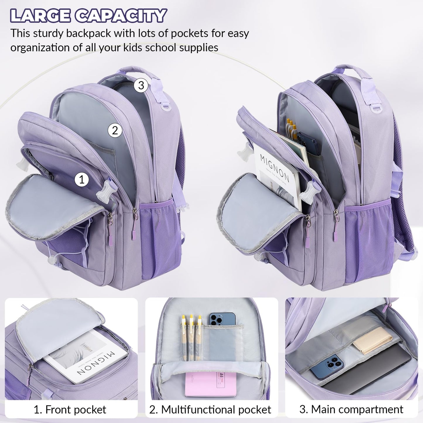 Lanola Kids Backpack for Girls Elementary Primary Middle School Bags for Teens Bookbags Sturdy Durable Travel for Women - Purple