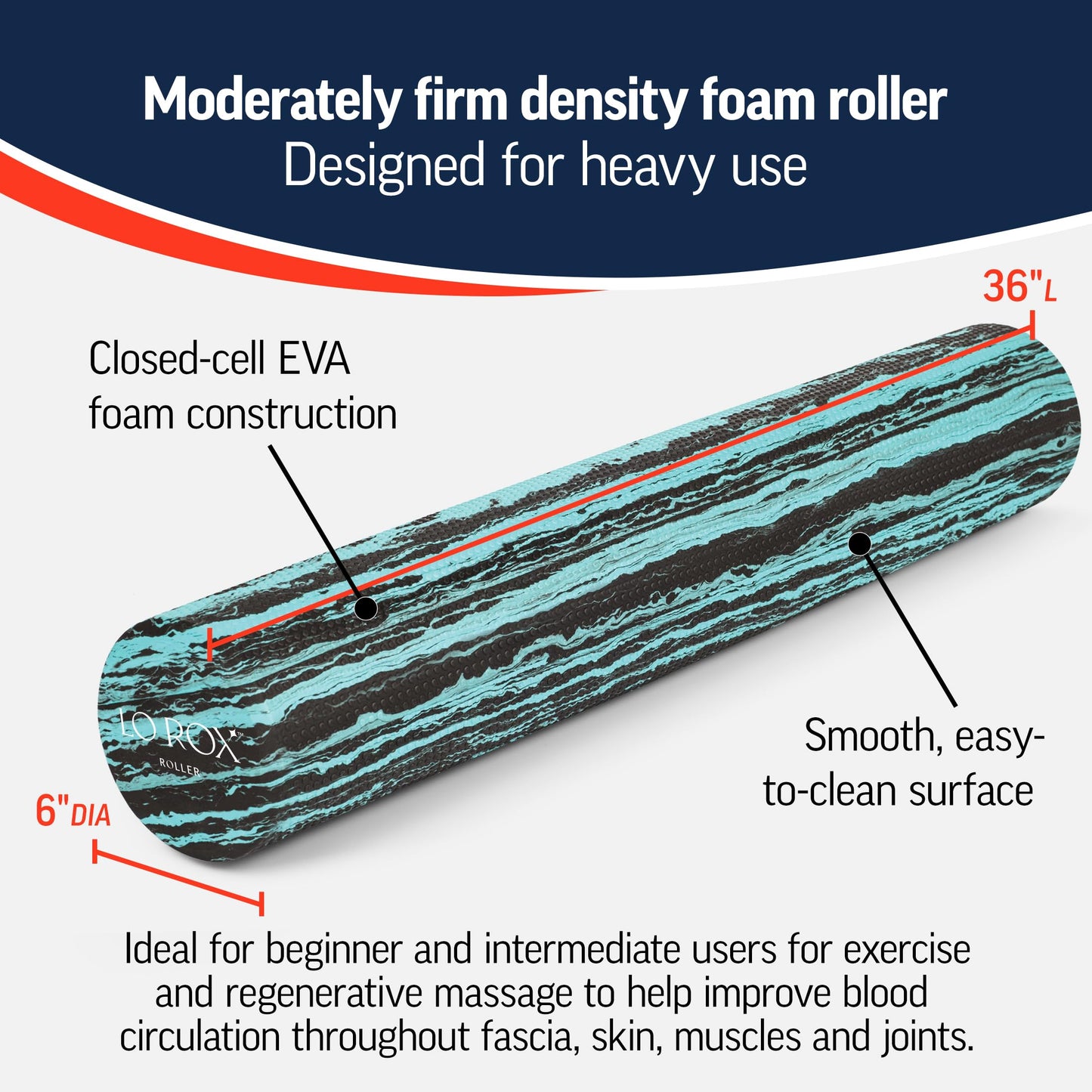 OPTP Lo Rox Foam Roller – Moderately Firm Density, Round, Teal, 36" x 6"