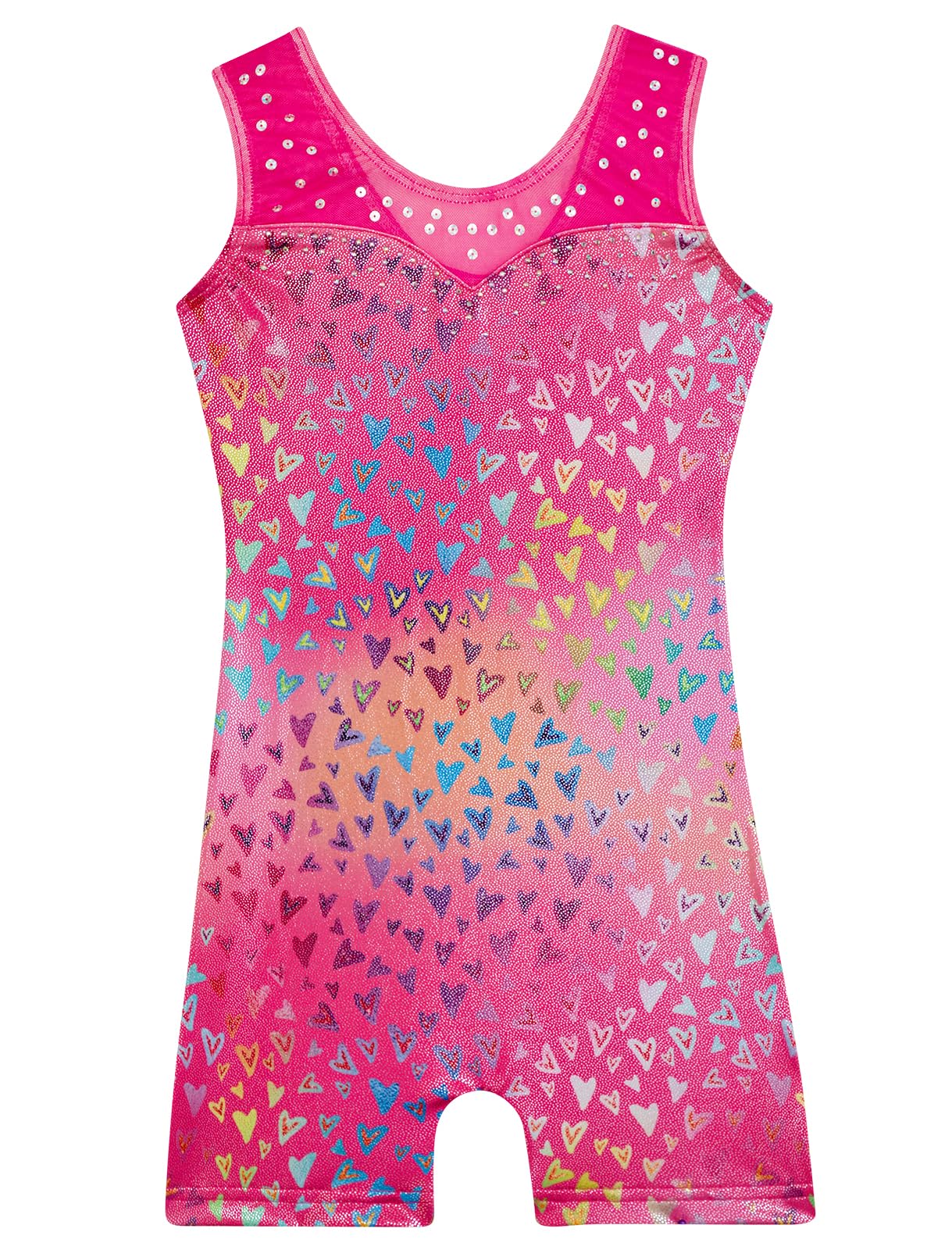HOZIY Gymnastics Leotards for Girls Mesh Neckline with Iridescent Rhinestones Back Cut Out Sleeveless Size 9-10 Years Love Heart Biketard Shorts Tumbling Outfits Kids Sparkly Shiny