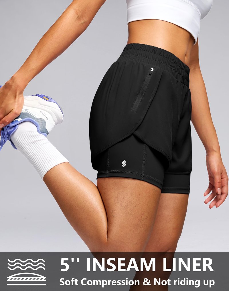Soothfeel Women's 2 in 1 Athletic Running Shorts with Liner Zipper Pocket 5" High Waisted Gym Workout Tennis Shorts for Women Black M