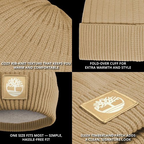 Timberland Women’s Rib Core Beanie - Soft Knit Winter Hat, Stretch Fit, Ribbed Texture, Fold-Over Cuff for Cold Weather, Light Wheat Boot, One Size