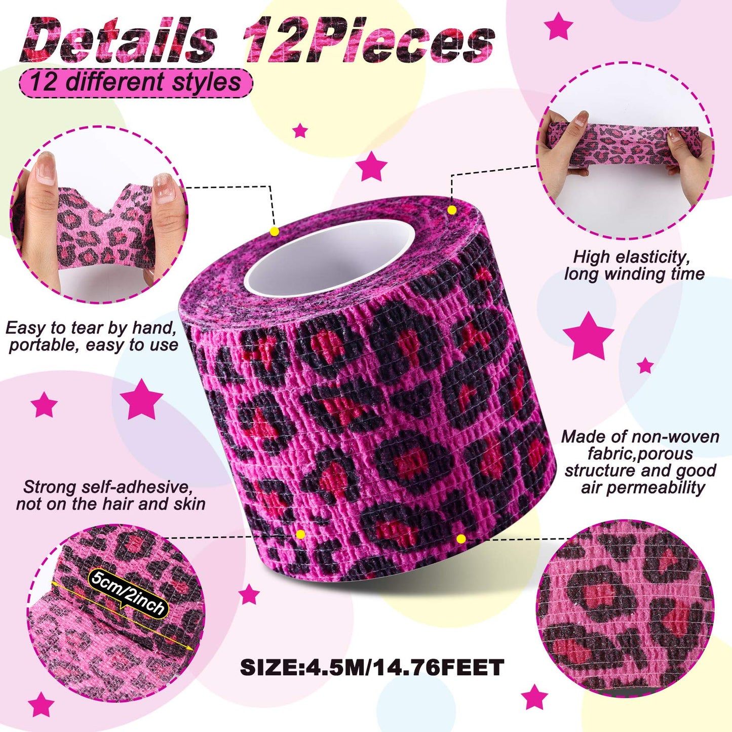12 Pieces 2 Inch Self Adhesive Bandage Vet Non Woven Elastic Cohesive Bandage Tattoo Supplies Grip Tape Athletic Tape Gauze Wrap for Sports, Wrist, Ankle and Pet Wrap (Animal and Camouflage)