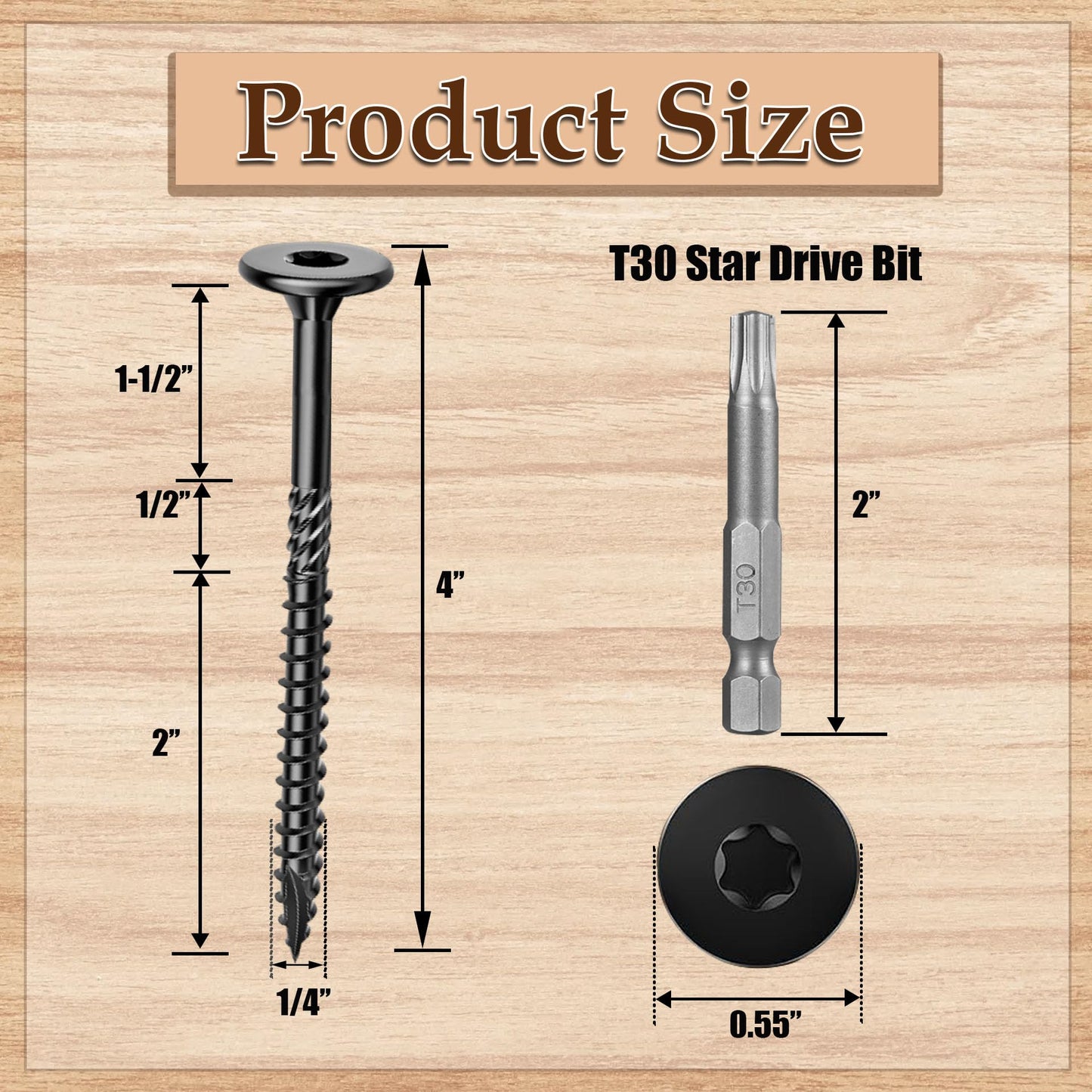 Apalie 25PCS #14 x 4 Inch Lag Screws Structural Wood Screws 4 inch, Black Coated Rust Resistant Heavy Duty Construction Screw Star Drive with Bit