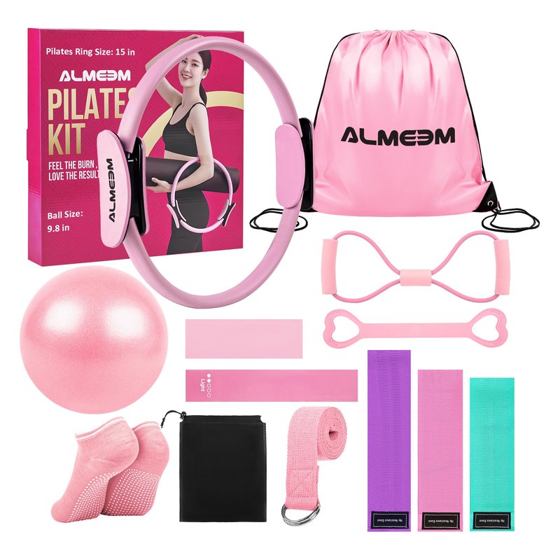ALMEEM 12Pcs Pilates Ring Kit for Women and Men - 15 inch Magic Circle Exercise Ring and Ball Set for Home Workout Equipment - Dual Padded Handles Ring and Resistance Bands Set for All Fitness Lovers