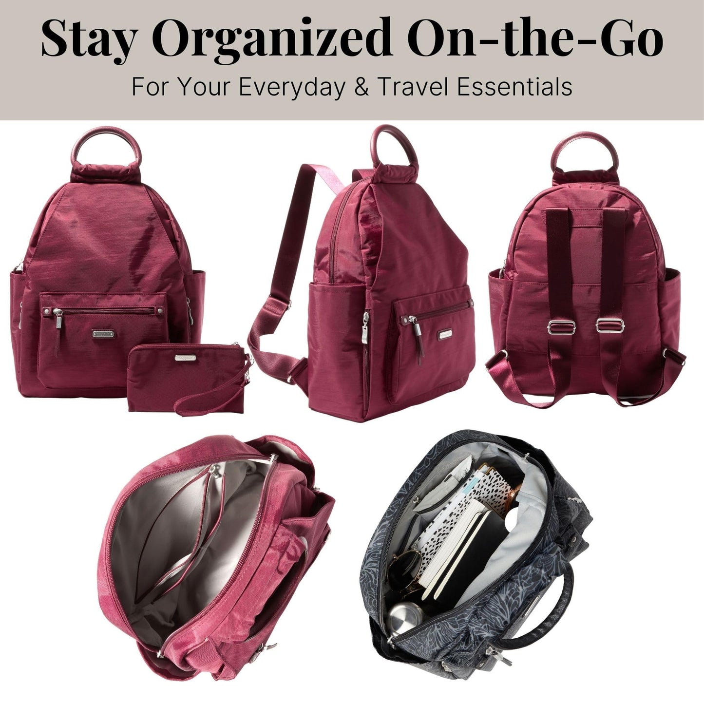 Baggallini All Day Backpack with RFID Phone Wristlet - Lightweight Travel Backpack for Women
