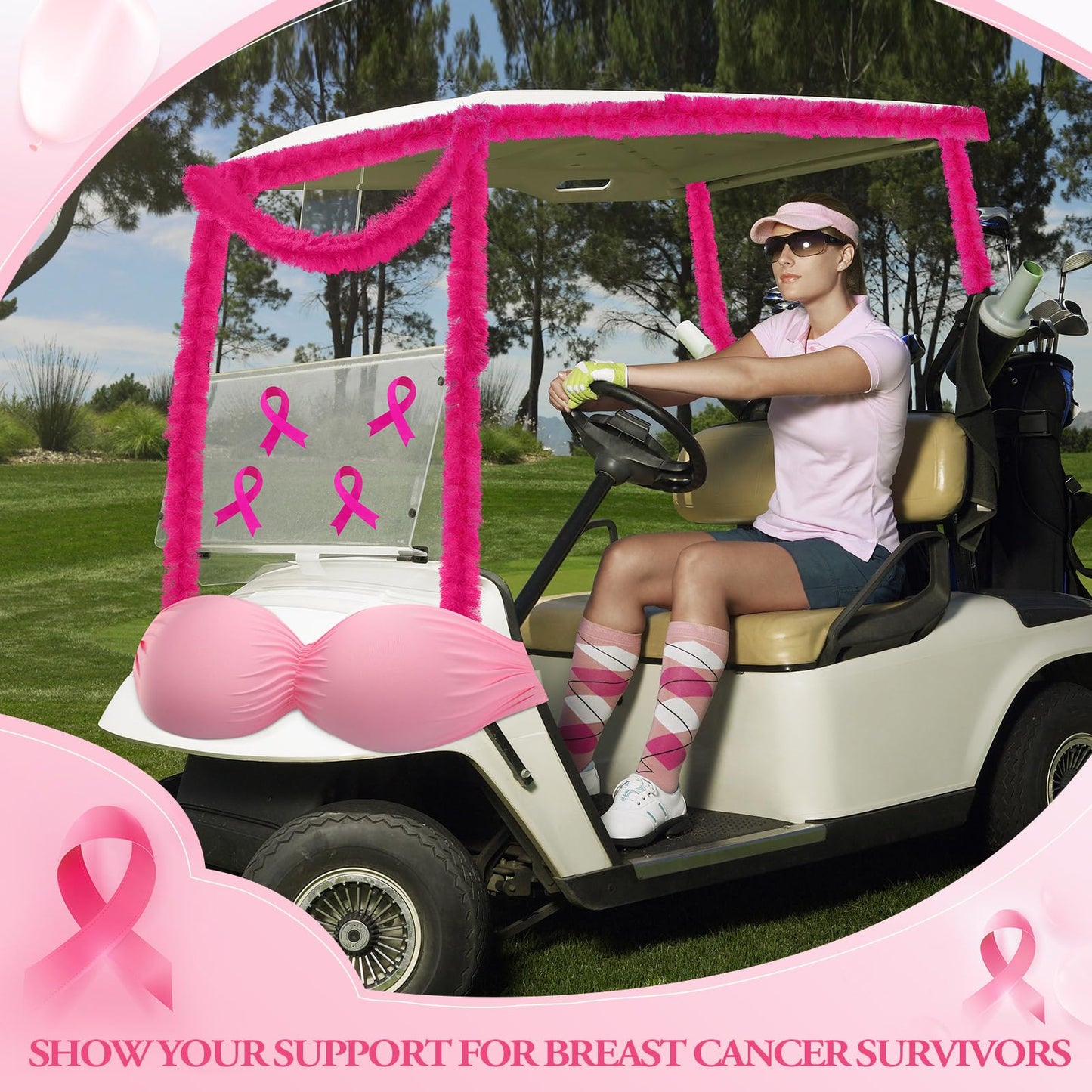 Suncalla Breast Cancer Awareness Golf Cart Decorations Kit Large Bra Shaped Balloon Decoration Feather Boa Pink Ribbon Stickers for Breast Cancer Awareness Themed Decor Women