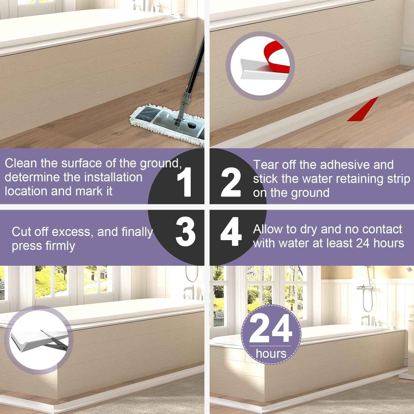 Hzetuu Shower Threshold Water Dam Barrier - Versatile, Silicone Shower Water Guard Stopper Seal Strip for Bathroom Floor, Bathtub Rim, Kitchen Countertop (White, 98 In/ 2.5M)