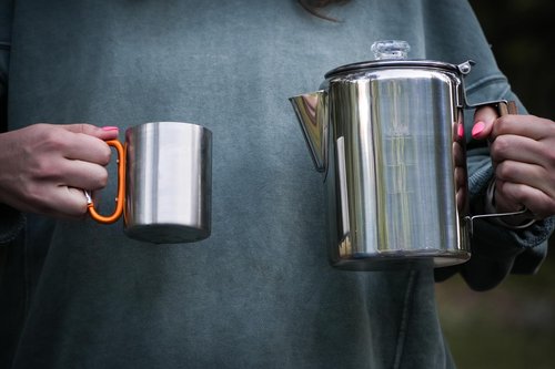 Alpine Mountain Gear 9-Cup Coffee Percolator Set with 4 Mugs (9 oz.) – Stainless Steel Camping Coffee Pot, Stovetop Percolator Coffee Maker for Home & Outdoor Use