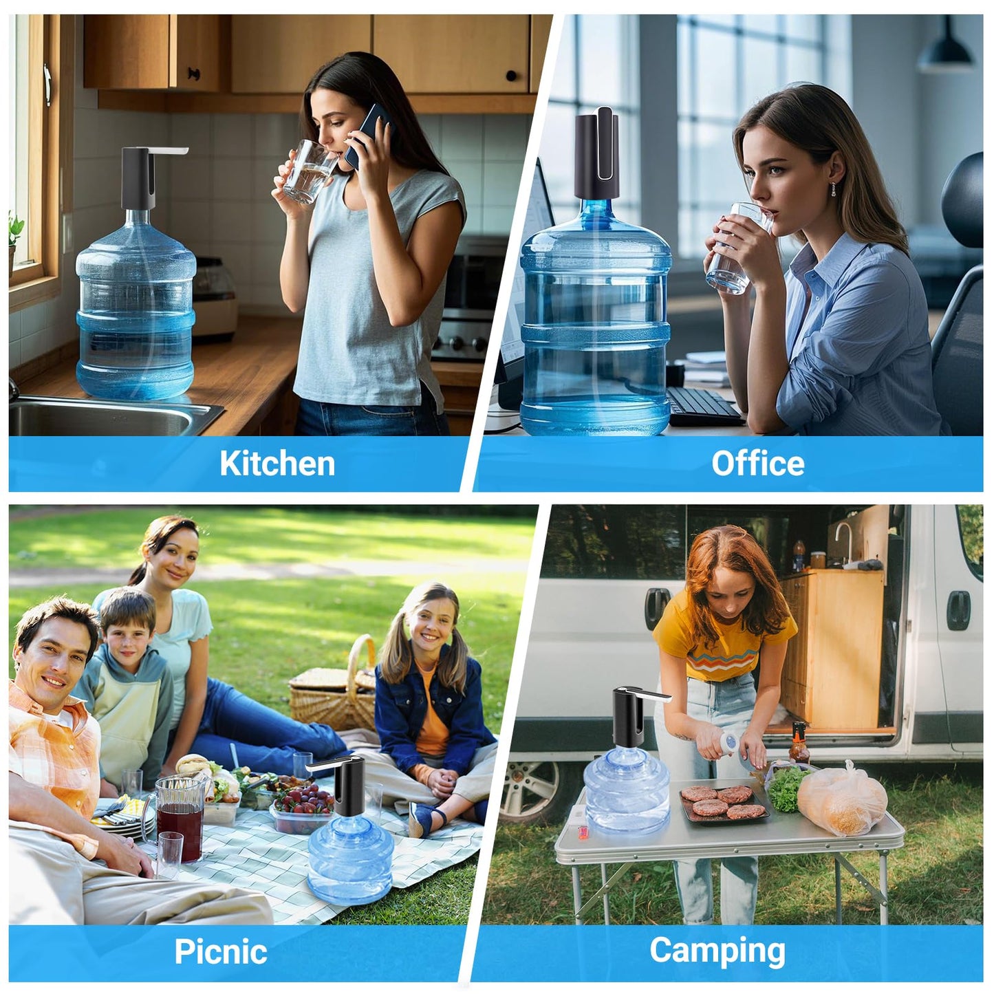 Foldable Water Dispenser for 5 Gallon Bottle, Electric Water Pump for 5 Gallon Jug Rechargable Portable Automatic Low Decibel for Camping Travel Home Kitchen Office (Black)