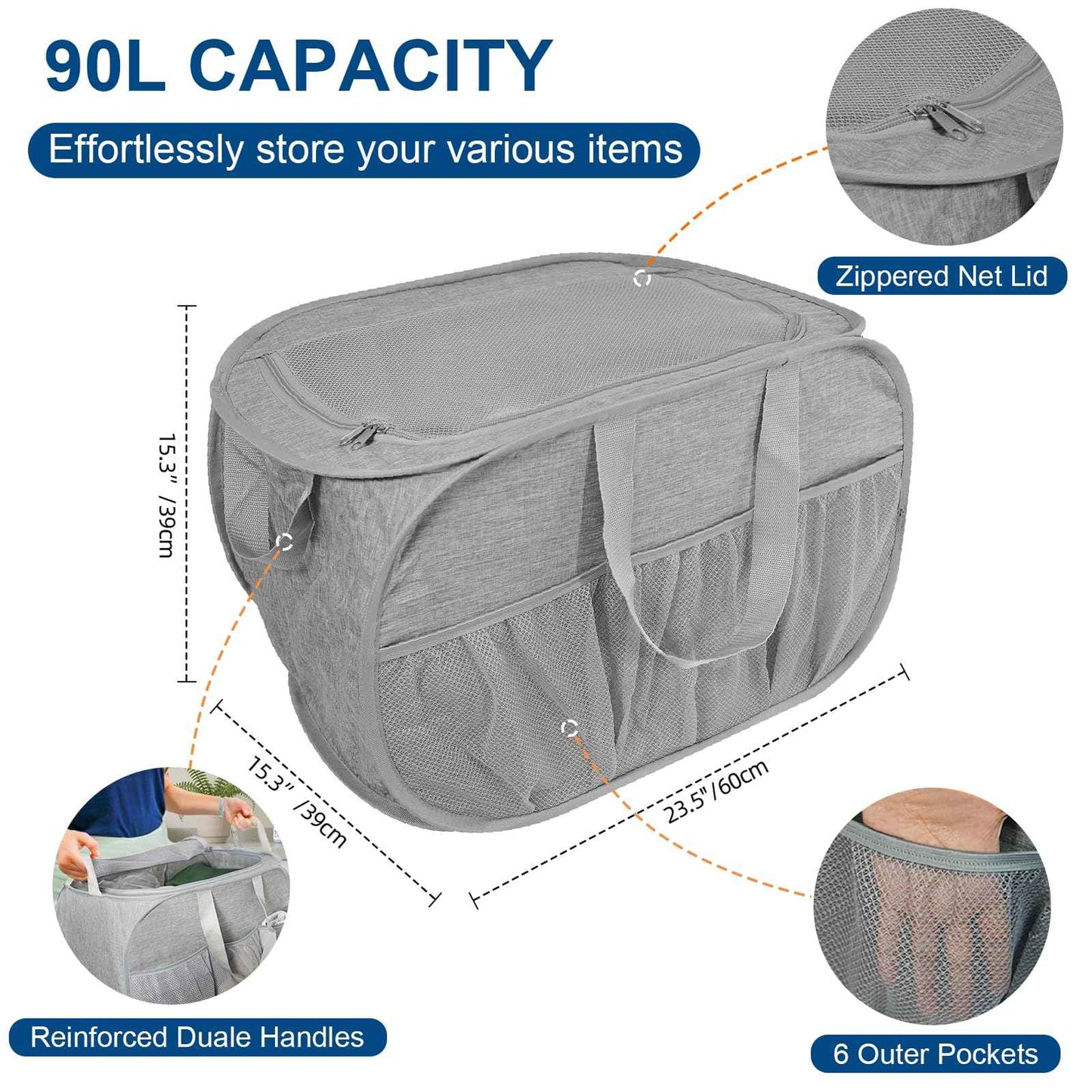 Collapsible Laundry Baskets, Tear Proof Pop Up Laundry Hamper with Lid, Dual Handles Durable Foldable Laundry Basket, Easy to Carry Laundry Hamper for Home, Laundry Room, Bedroom, Dorm, Travel Grey