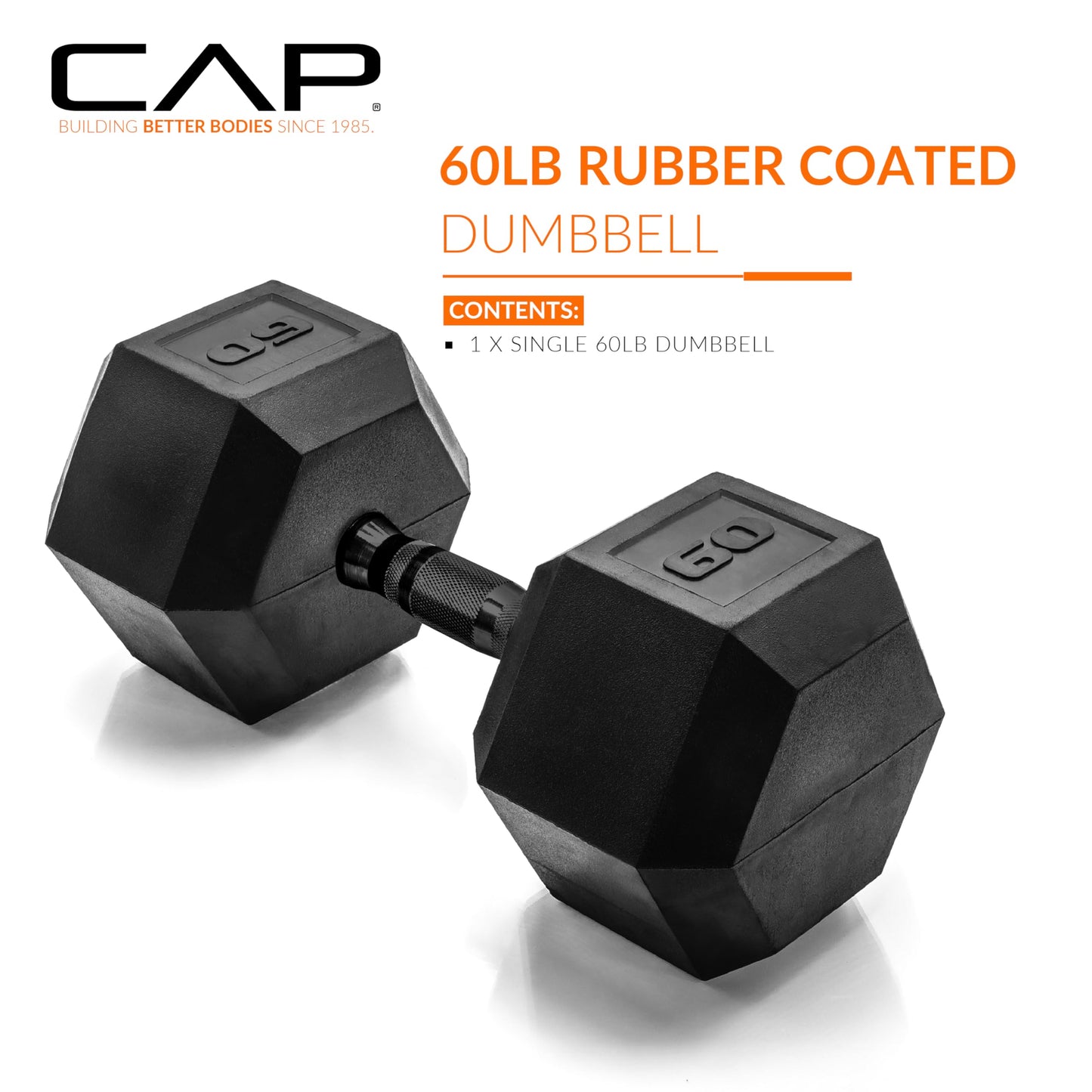 CAP 60 LB Rubber Coated Hex Dumbbell Weight, Rubber Free Weights for Home Gym Strength Training, Black Oxide Handle, Single