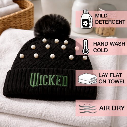 Bioworld Wicked Logo & Pearl Appliques Black Cuff Beanie