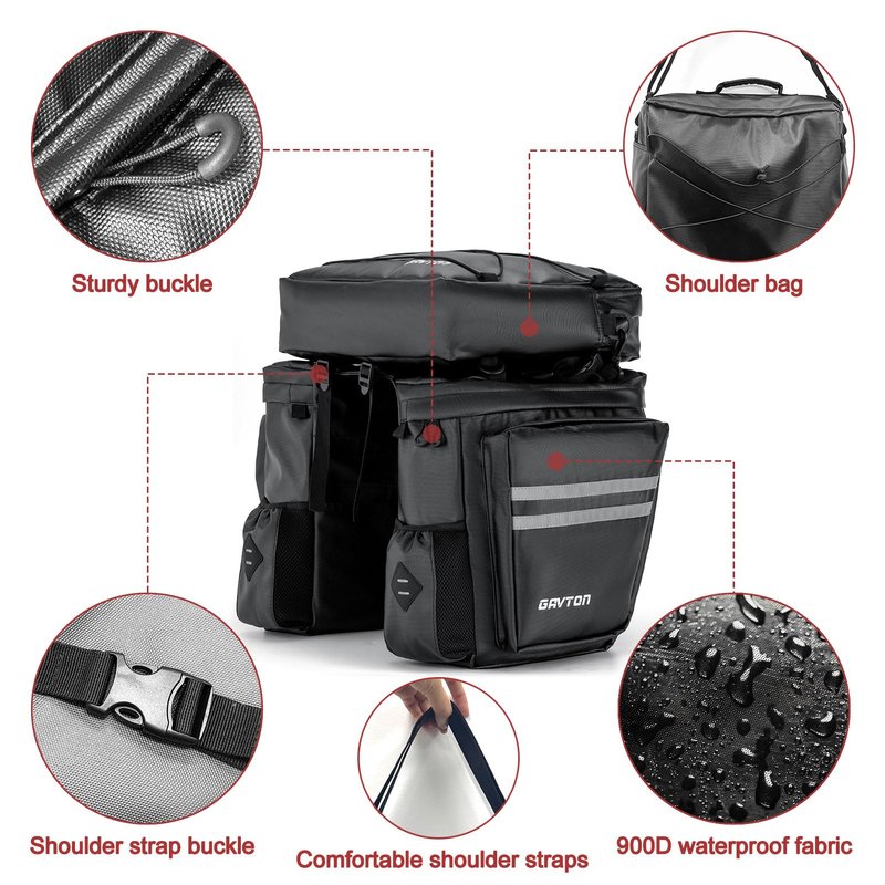 GAVTON 3-in-1 Waterproof Bike Pannier Bag Set 40L Detachable Bicycle Saddle Bag Backpack with Adjustable Shoulder Strap Heavy-Duty Polyester for Commuting Touring Cycling Accessories