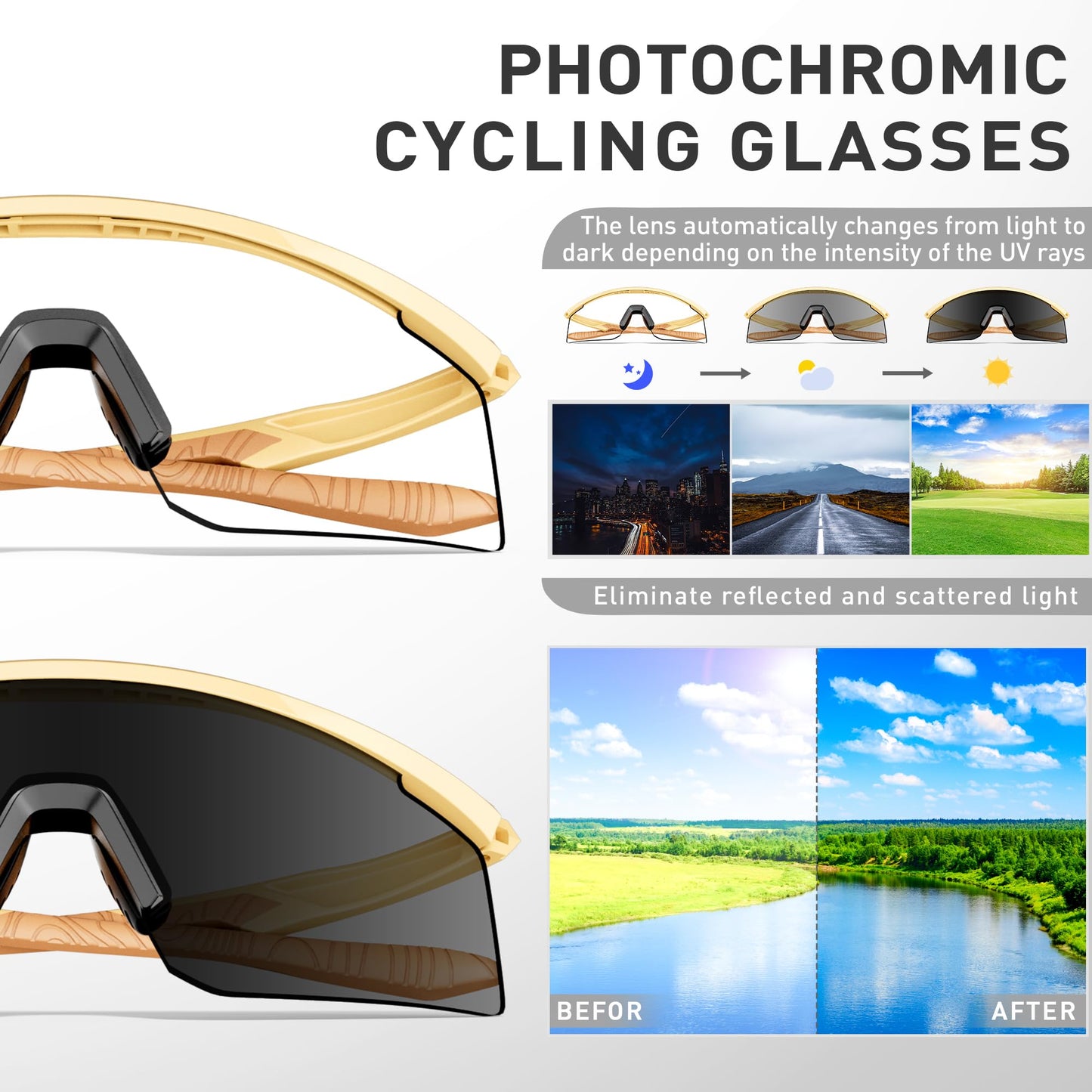 SCVCN Photochromic Cycling Glasses, UV400 Protection, TR90 Frame, Men Women Clear Sports Sunglasses for Cycling, Running, Baseball, mtb, Driving, mountain bike and other outdoor sports 09