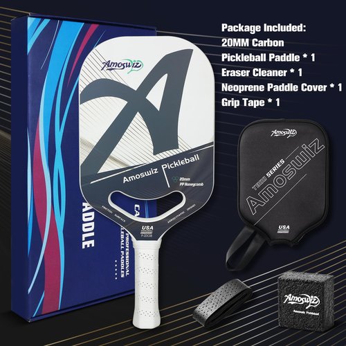 Amoswiz Carbon Fiber Pickleball Paddle, Edgeless Pickleball Paddle with Water Mark Printing Surface & Aero Throat Design, USAPA Approved Pickle Ball Paddle Set, 20MM Honeycomb Core Racket