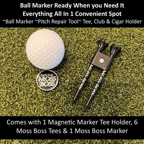Keyfit Tools Moss Boss Golf Divot Ball Mark Repair Tool 4 in 1 Tool Uses 2 Tees & A Ball Marker As A Repair Tool ~Save Space in Your Pocket ~No Need to Carry a Divot Tool ~Club Holder