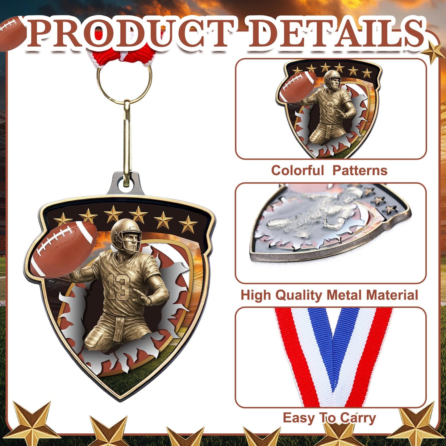 Remuuly 20 Pcs Award Medals Bulk Soccer Football Basketball Tennis Cheer Metal Winner Award Medals 3.35'' Shield Shape with Neck Ribbons Sport Team Participation Prize Gift (Football)