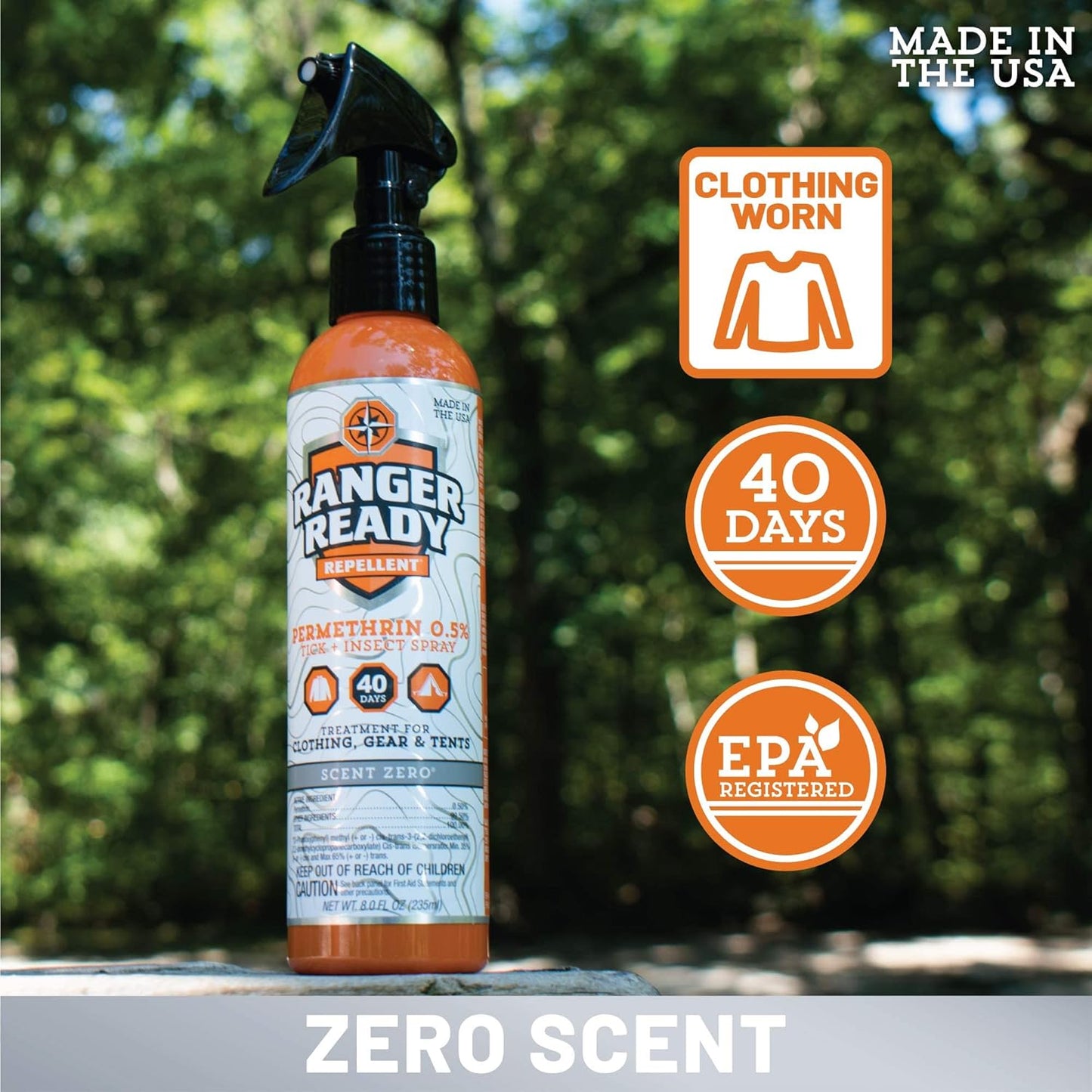 Ranger Ready Permethrin Spray - Effective Insect & Tick Repellent for Clothes | Scent Zero (8oz, Pack of 3)