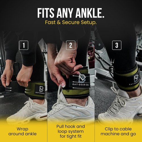 Bay Gear Co. Ankle Straps - Durable Neoprene Padded Design for Cable Machine Glute Workouts | Adjustable Fit, Slick Black