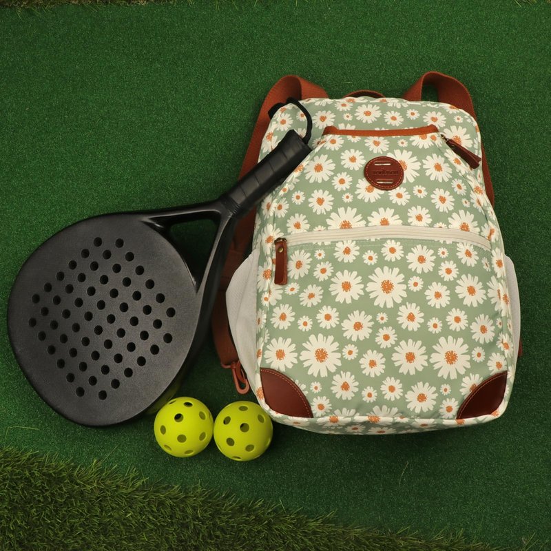 TOURBON Pickleball Bag for Men Women, Pickleball Paddle Backpack with Multiple Compartments, Clip-on Bike Pannier Rear Rack Saddle Bag for Bicycle (Green with Flower)