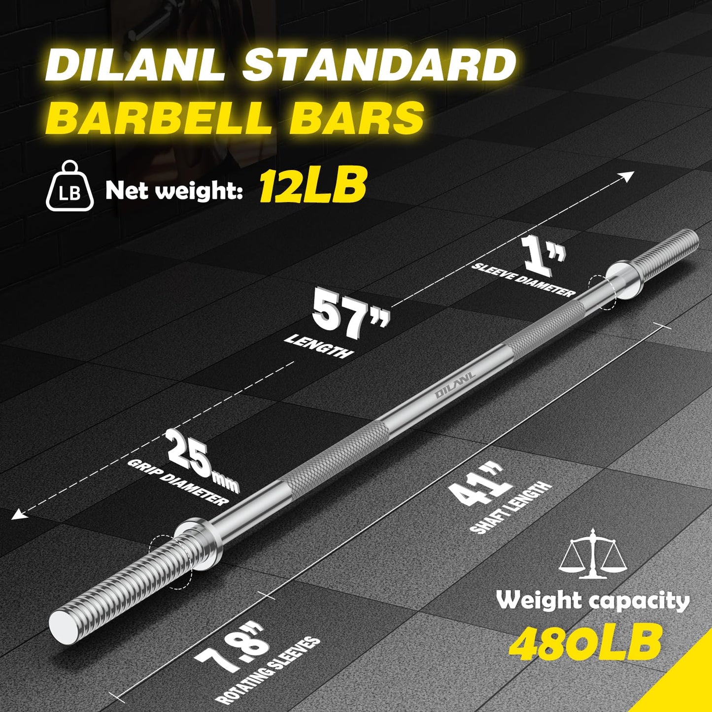 Weight Lifting Bar 57", 1" Standard Straight Barbell Bars Olympic for Home Gym Weight lifting/Strength Training/Squat/Bench Press/Deadlift/Lunges/Hip Thrusts, 2 Star Collars (480lb Weight Capacity) (Silver)