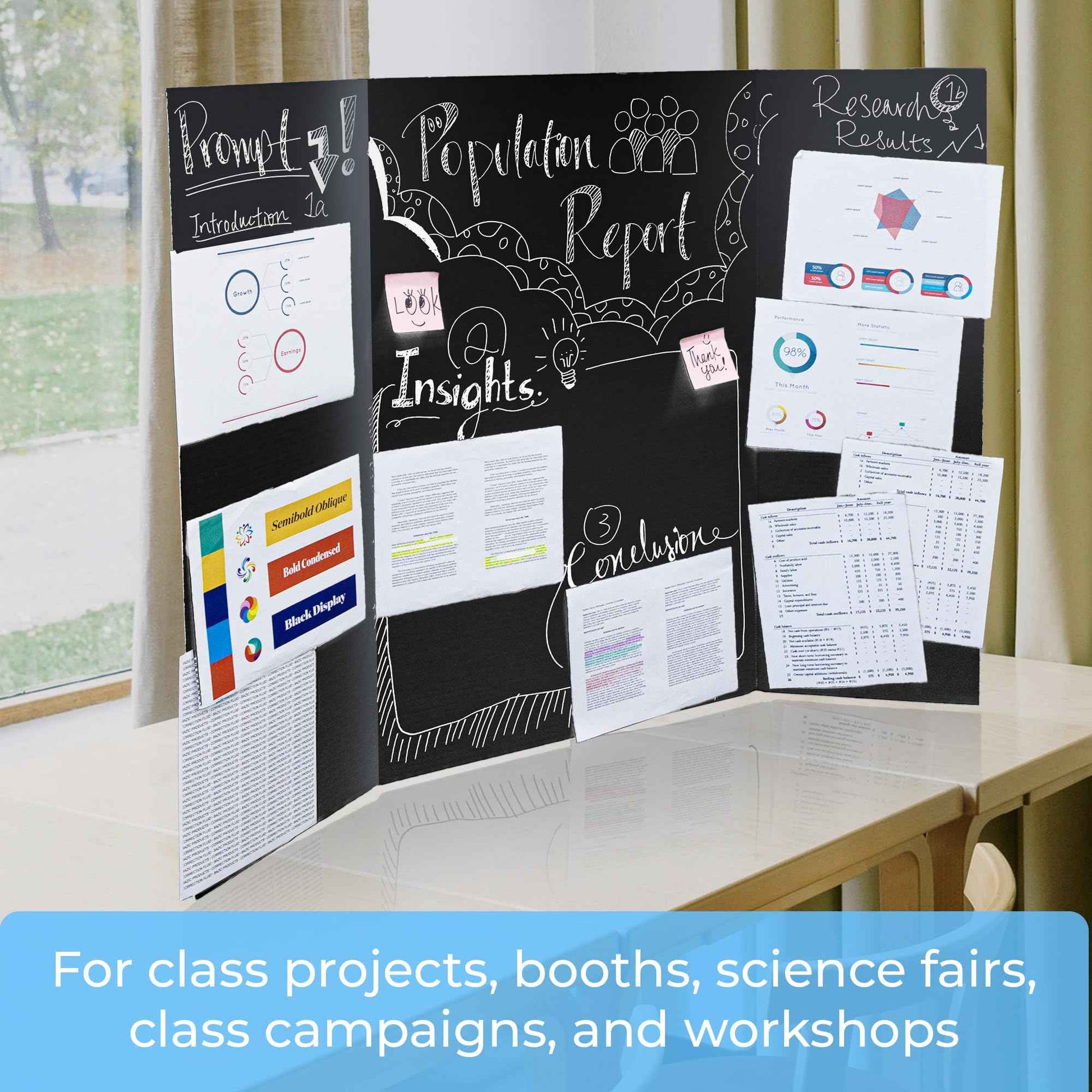 BAZIC Products Trifold Presentation Board 36" X 48" Black, Tri-Fold Corrugated Poster Boards, Cardboard for Display Boards Science Fair Art Project, 2-Pack