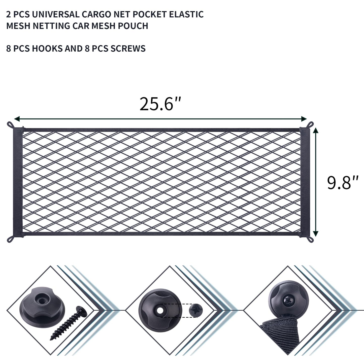 MWMNUN 2 Pcs Universal Stretch Mesh Car Mesh Bag with Screws and Hooks for Trunk RV Boats Home Cargo Storage (25.6'' x 9.8'')