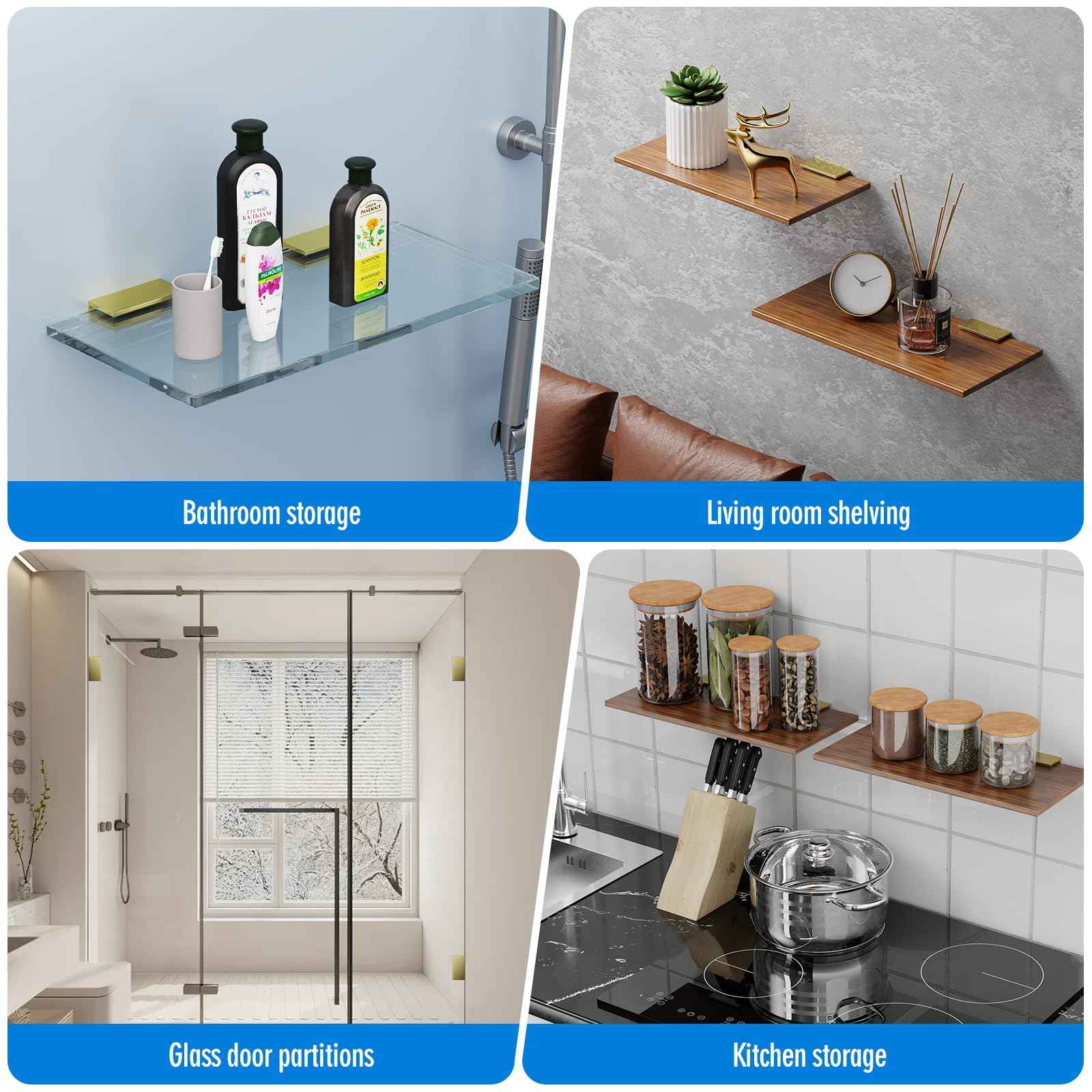 Ranbo 2 Pcs Frameless Glass Clamp Brackets for Shelf and Shower, Heavy Duty Wall Mount Rectangular Holders for 1/4" to 1/2" Panels, Matte Gold Finish Hardware