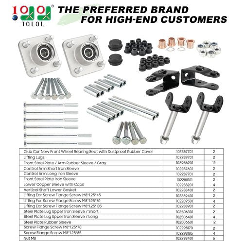 10L0L Deluxe Golf Cart Front End Repair Kit for Club Car Precedent 2004-Up Gas & Electric, Suspension Rebuild Kit with Bushings, Bearings, King Pins, and Hardware Replacement OEM 102357701