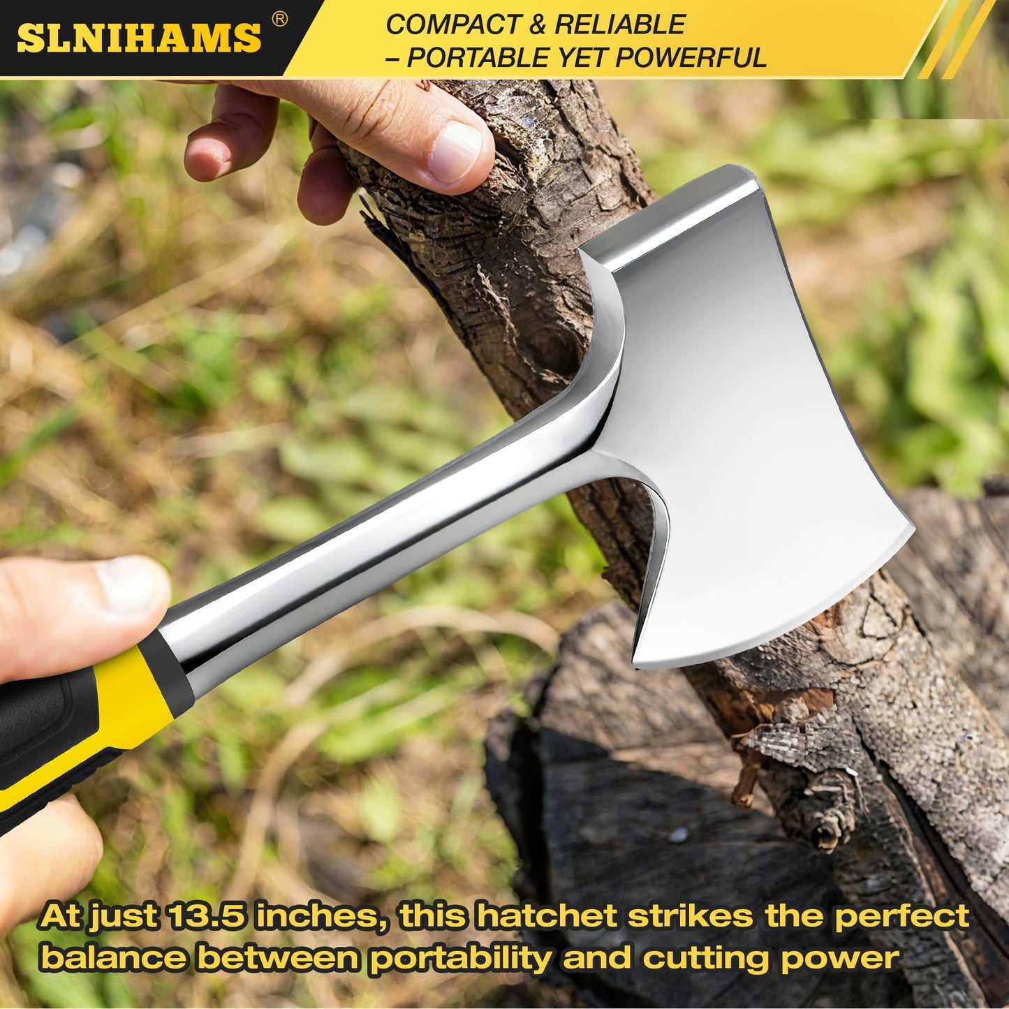 SLNIHAMS 13.5" Camping Hatchet, Forged Carbon Steel Axe with Ergonomic Anti-Slip Grip & Heavy-Duty Oxford Nylon Sheath – Outdoor Survival, Camping, Wood Splitting & Hiking Tool