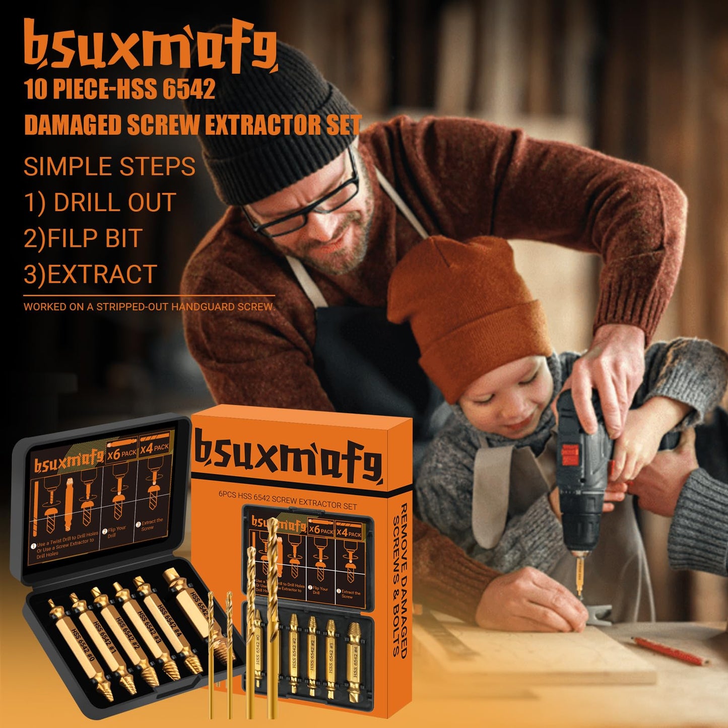 BSUXMAFG 10 PCS Damaged Screw Extractor Set, Screw Extractor Remover Kit for Stripped Screws & Drill Bit Tools, Cool Stuff Gadgets for Men Dad Boyfriend Father Husband, Mens Gifts