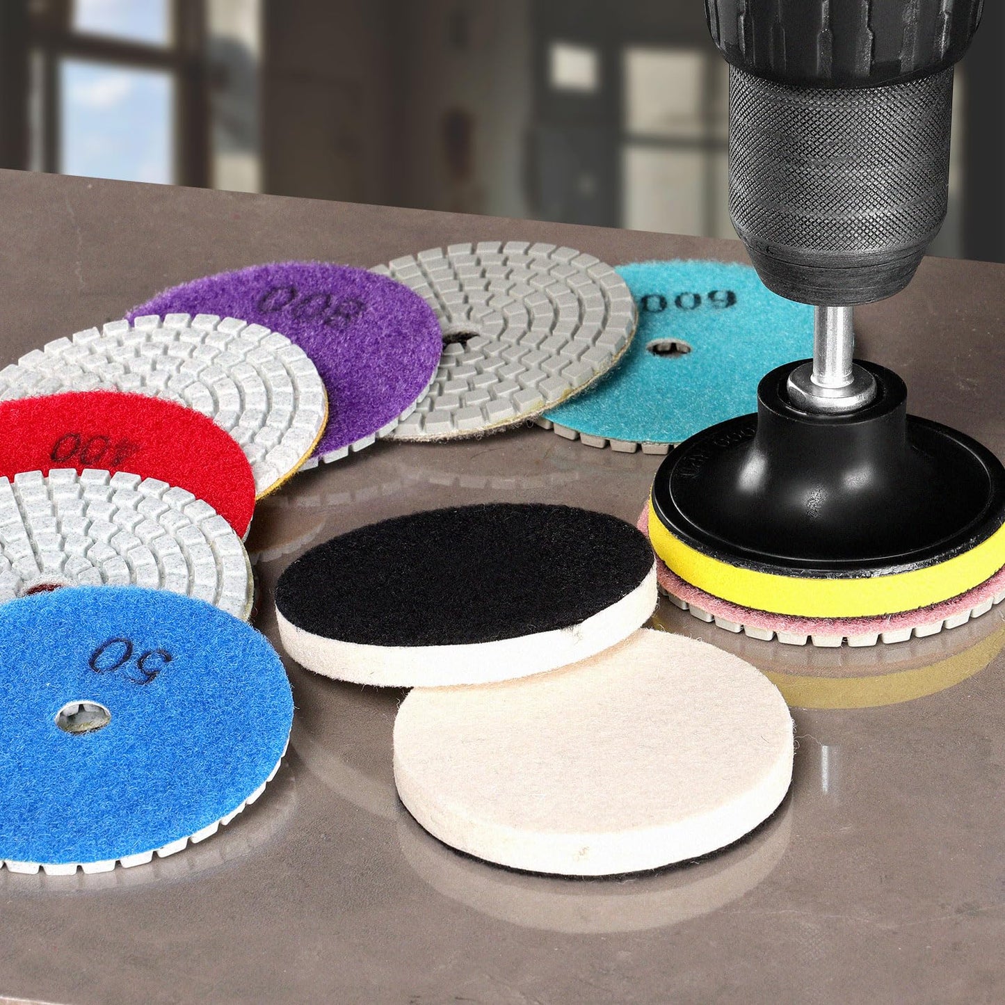 3 Inch Diamond Polishing Pads with M14 Backer Pad, 12PCS Wet/Dry Granite Stone Polish Pad Kit for Drill, Grinder, Polisher, 50-6000 Grit Diamond Sanding Pad for Concrete Marble Rock