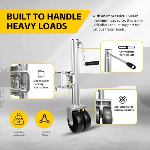 MaxxHaul Trailer Jack - 1500 lbs Capacity, 11-1/2" Lift, Swing-Back Design & Dual 6" Wheels | Bolt-On for Utility & Boat Trailers