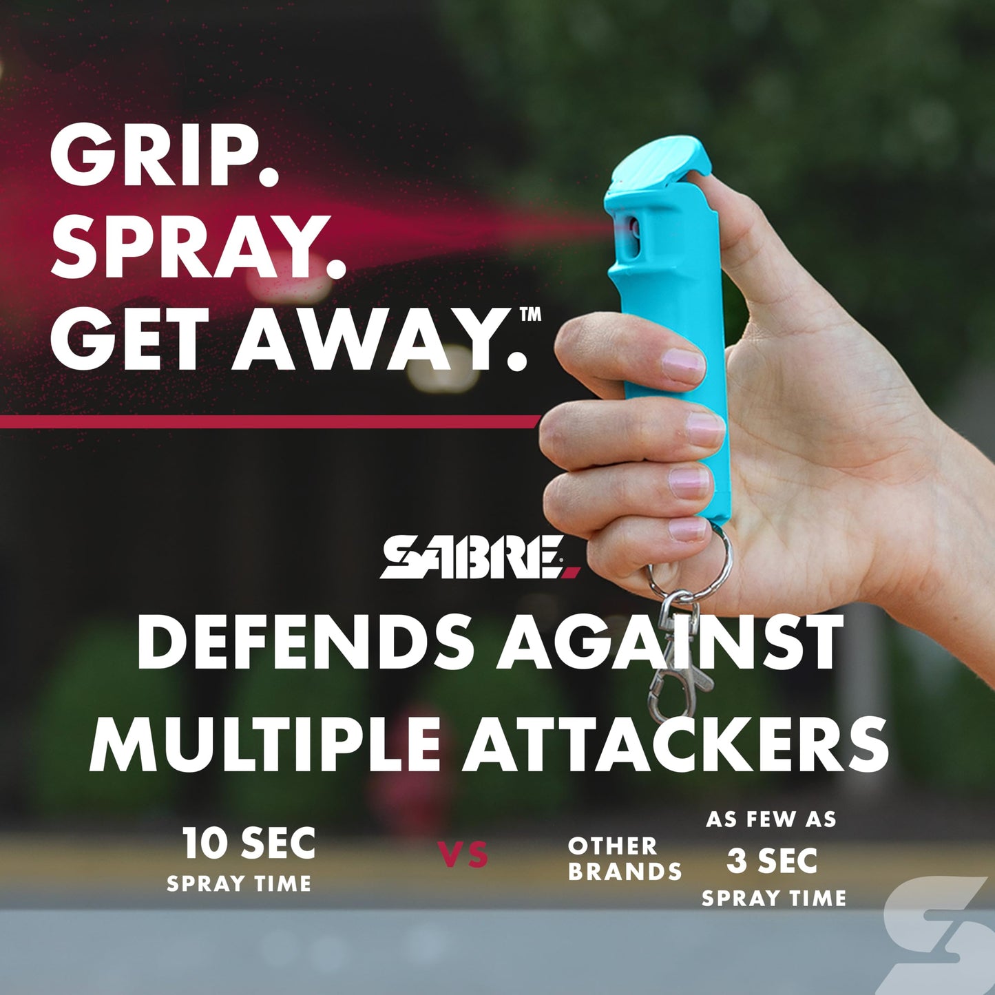 SABRE Pepper Spray with Fast Flip Top Safety & Snap‑Clip Keychain for Self Defense - Maximum Police Strength OC with UV Marking Dye, Finger Grip, 10‑Sec. Spray, 14-ft Range, Made in USA, 0.54 fl oz