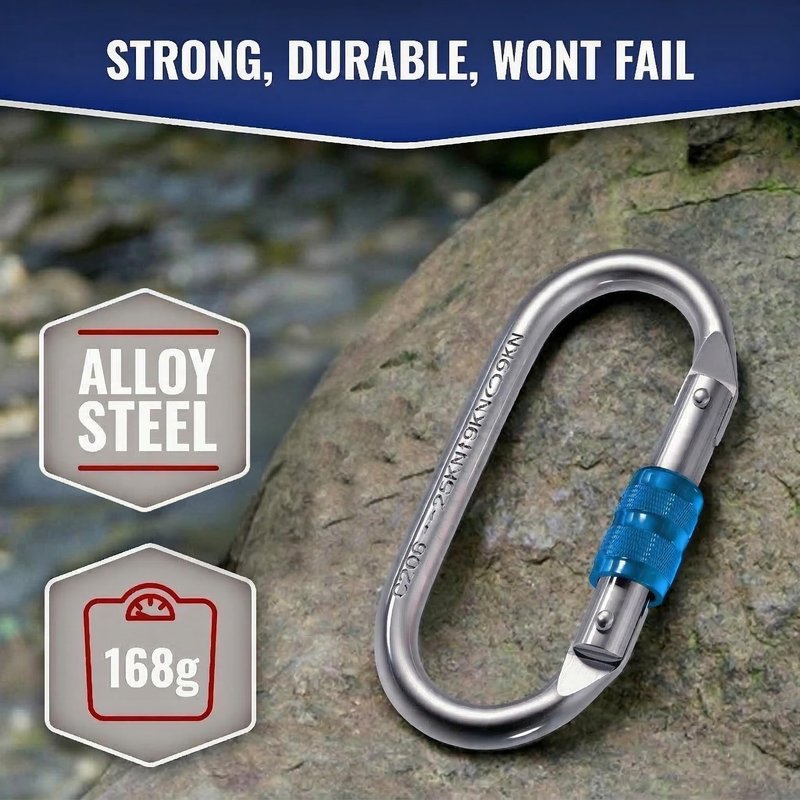 XTEK Climbing 25kn Climbing Carabiner Clip - Heavy Duty O-Shape Steel Locking Caribeaner -Rock Climbing Gear - Strong Large Locking Oval Caribeener for Mountain Climbing