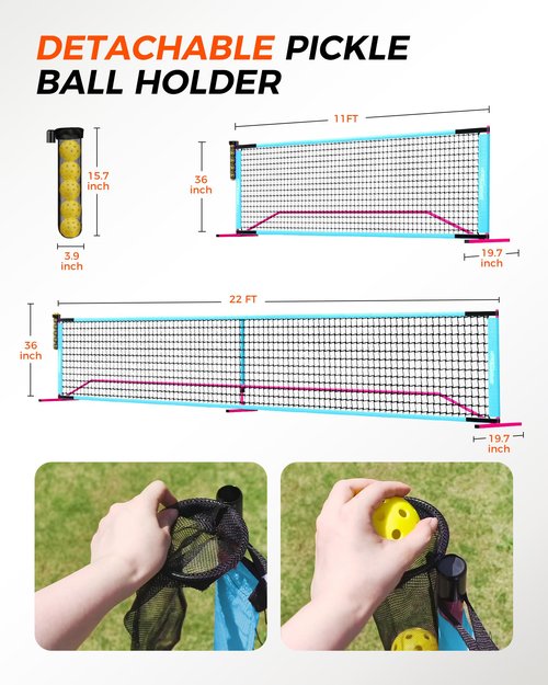 Portable Pickleball Net for Driveway, 22FT & 11FT 2IN1 Pickle Ball Net with 4 Paddles, 8 Pickleballs, Ball Collector, Carry Bag, Practice Nets Set for Garages Backyard (Green)
