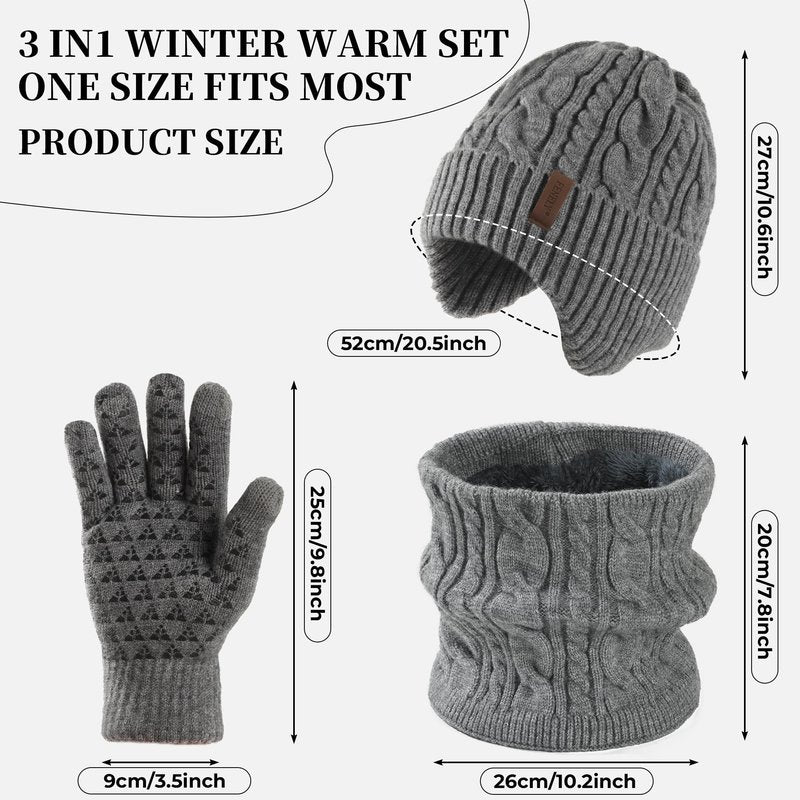 Men Beanie Hat Scarf Touchscreen Gloves Set Winter Warm Knit Fleece Lined Thick Thermal Neck Warmer Dark Grey Cap with Earflap for Cold Weather Outdoor