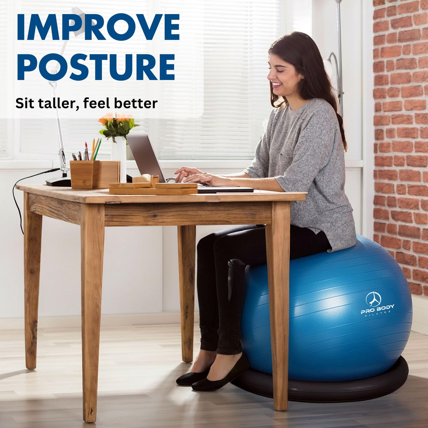 ProBody Pilates Yoga Ball Chair, Exercise Ball Chair with Base or Stand for Home Office Desk Sitting or Workout, 65cm Antiburst Balance & Stability Ball Seat, Large Gym Ball for Back, Abs