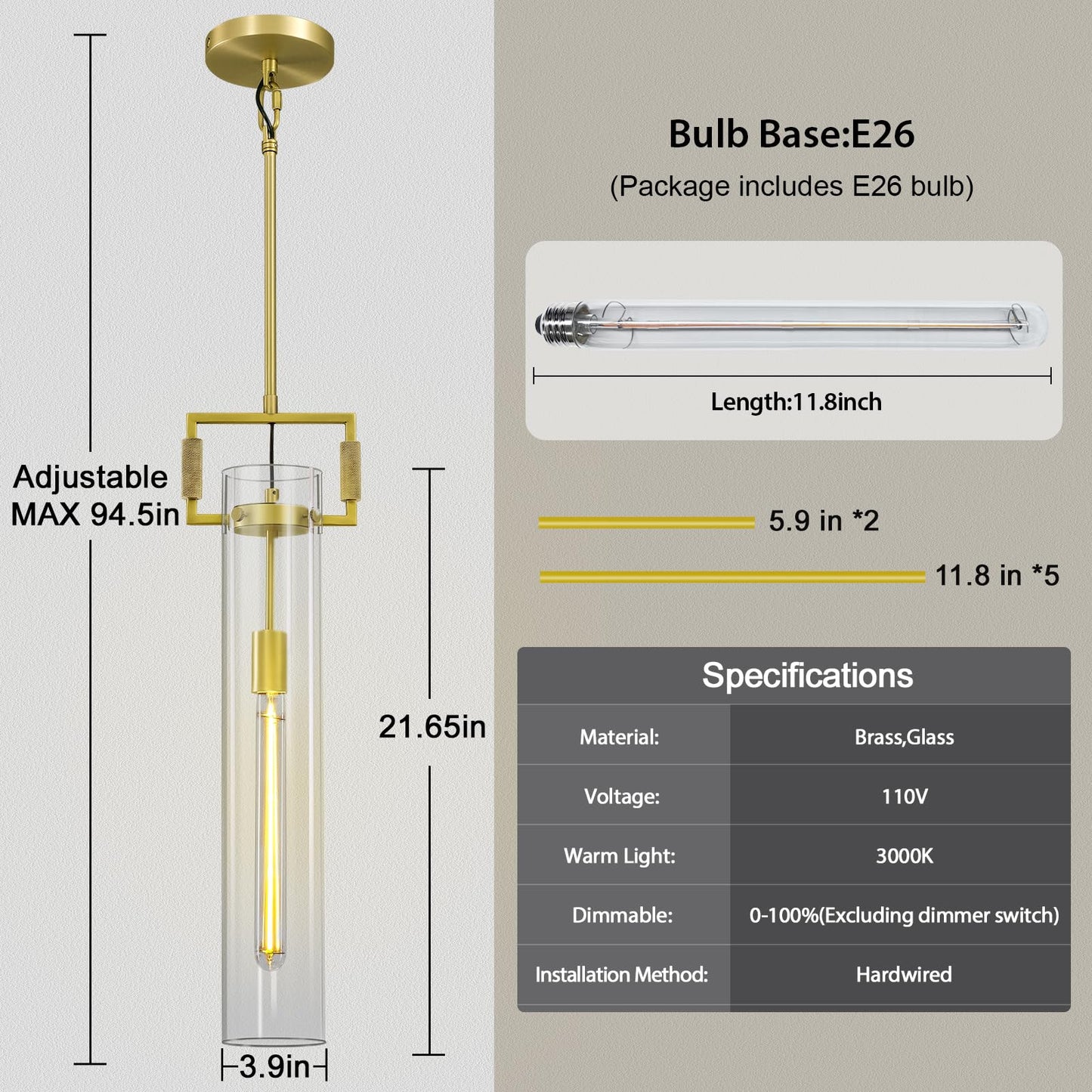 PIOUTNF Brass Pendant Lights,Modern Glass Pendant Lights Kitchen Island,21.6'' Farmhouse Gold Kitchen Pendant Lighting Over Island for Dining Table,Bathroom,Bedroom,Included E26 Bulb