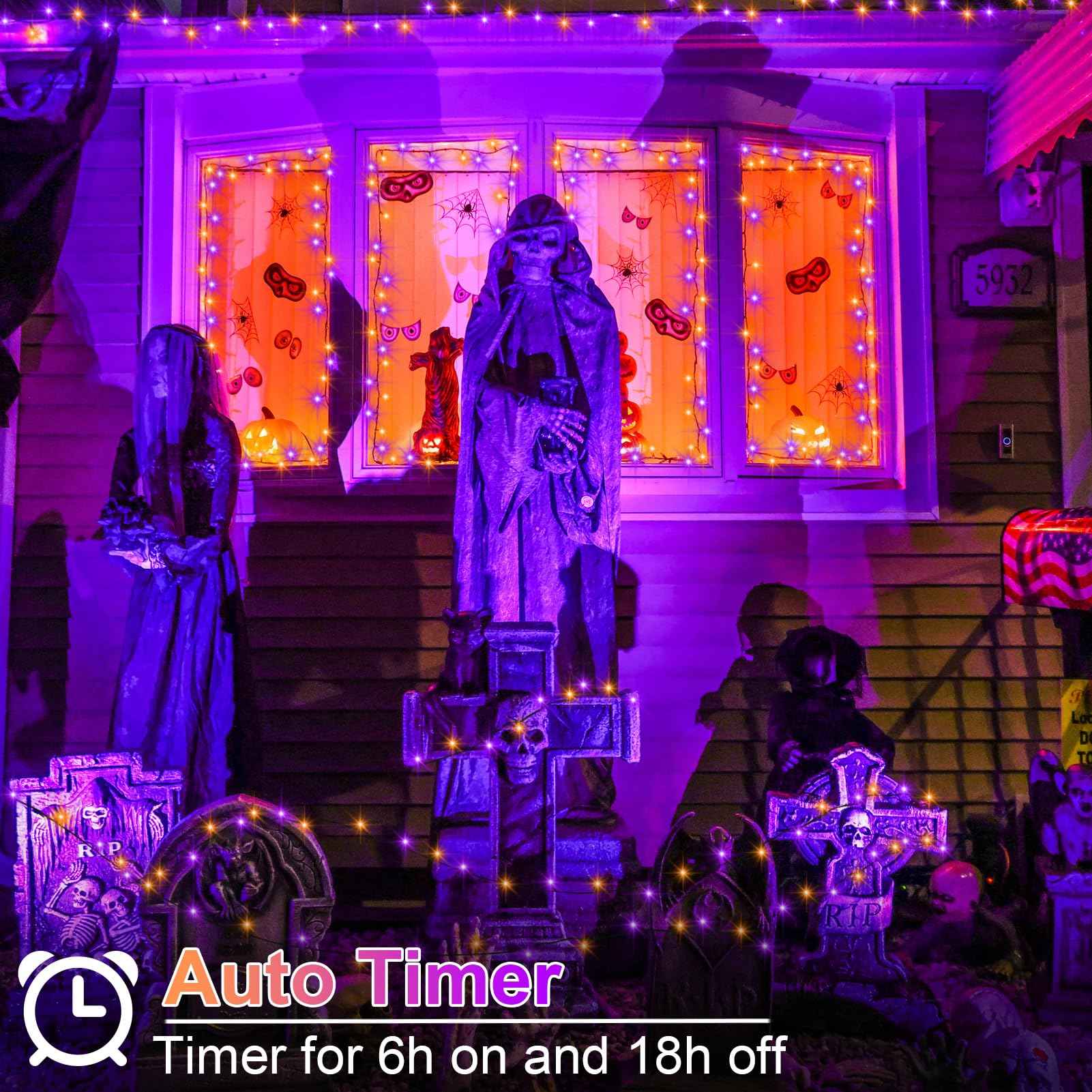 DealBeta 4 Pack Orange Purple Halloween String Lights Battery Operated, Each 16.4Ft 50 LED Indoor Halloween Lights with Timer 8 Modes for Party Yard Patio Decoration