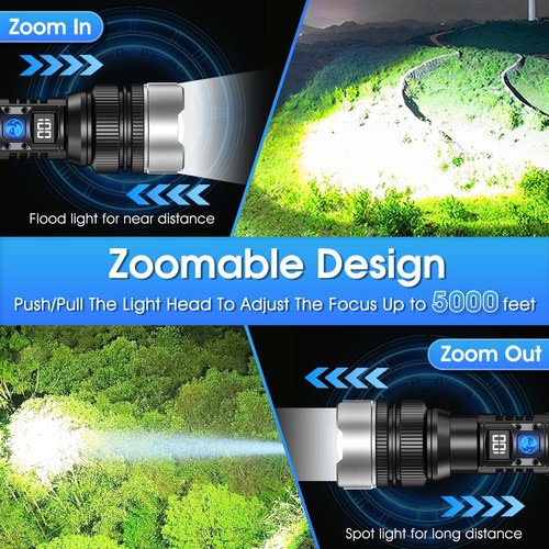 JMNGSHU Flashlight with 10000 Lumens, Type-C Fast Charging & 16-Hour Runtime, 3 Modes, Telescopic Zoom, Waterproof, Compact Handheld Flashlight for Camping, Hiking, Hurricane Prep
