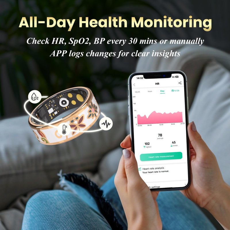 lumthou Enamel Craft Smart Ring for Women & Men - No Subscription Fee Fitness Tracker with Sleep Tracking, Heart Rate, SpO2 - IP68 Waterproof for iPhone Android - Activity Tracker, Remote Camera (10)