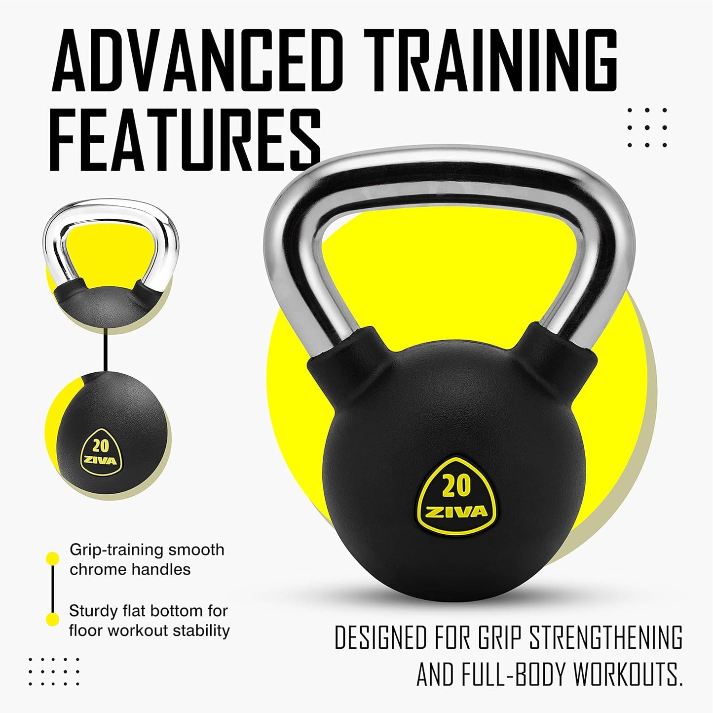 ZIVA Premium Kettlebell - Commercial Grade Rubber Coated Free Weights for Home Gym | 5-50 lbs Options