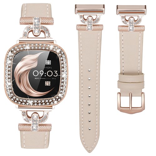 Leather Band Compatible with Fitbit Sense 2/Versa 4 Bands for Women, Dressy Leather Strap with Rhinestone D-Shape Metal Buckle with with Bling Case Cover (Fitbit Versa4/Sense2, Beige/Rose Gold)