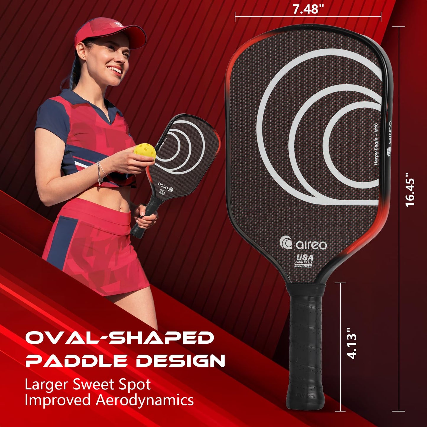AIREO Harpy Eagle M16 Pickleball Paddle, Metallic Carbon Fiber Surface with 16MM Polypropylene Core, Elongated and Wide-Body Pickleball Paddles, USAPA Approved Pickle Ball Paddle