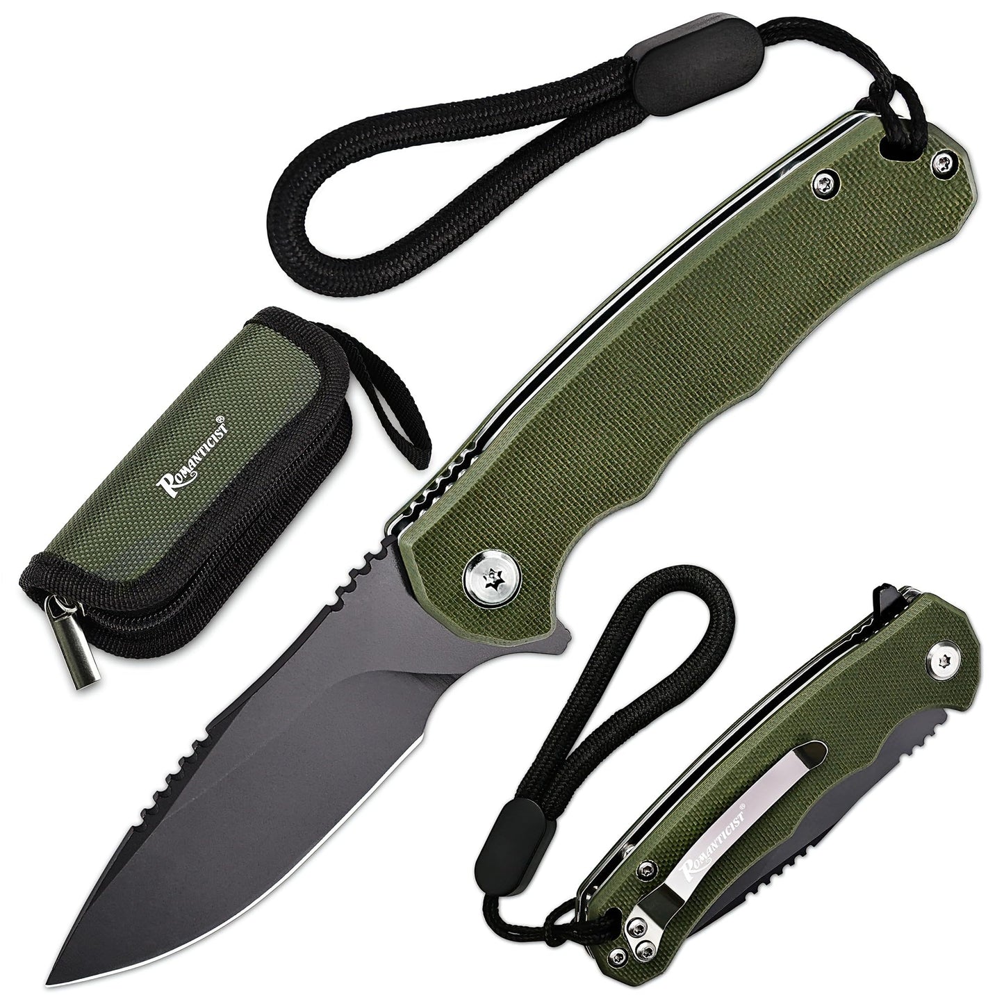 ROMANTICIST Folding Pocket Knife - 3.15" D2 Steel Blade & Non-Slip G10 Handle - Pocket Knife for Camping, Hiking and Outdoor Tasks - EDC Folding Knife with Clip & Lanyard - Unique Gifts for Men Women