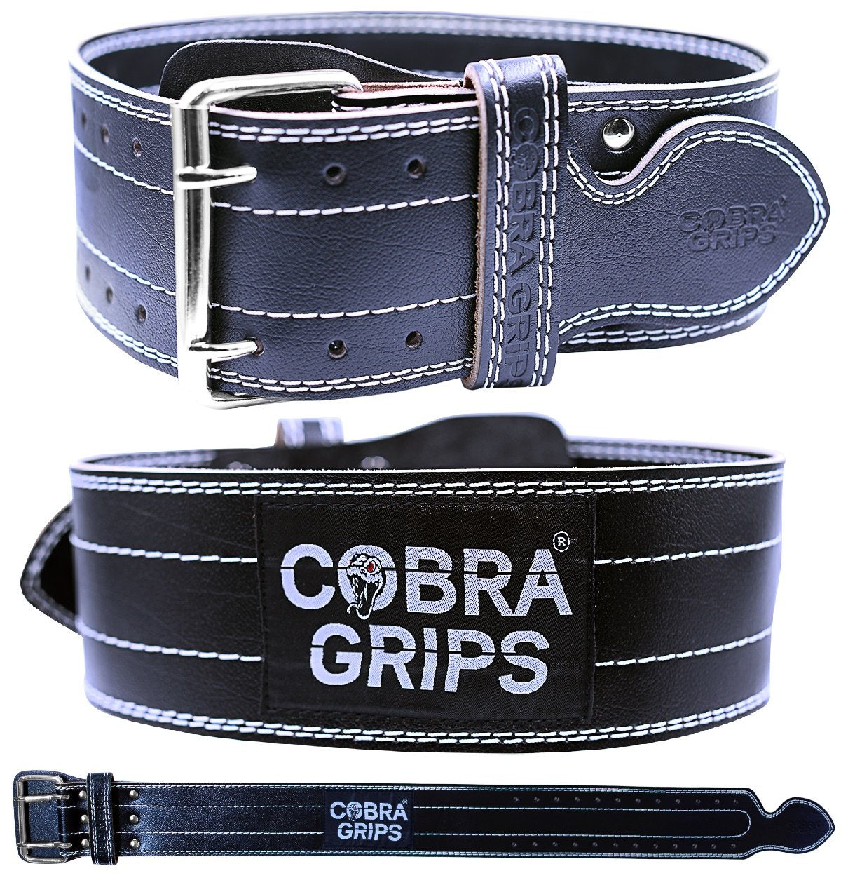 Weight Power Lifting Belt 4” Wide Cobra Grips Premium Genuine Leather Belt for Men & Women Adjustable Weightlifting Back Support (Black, Medium 32"-40")